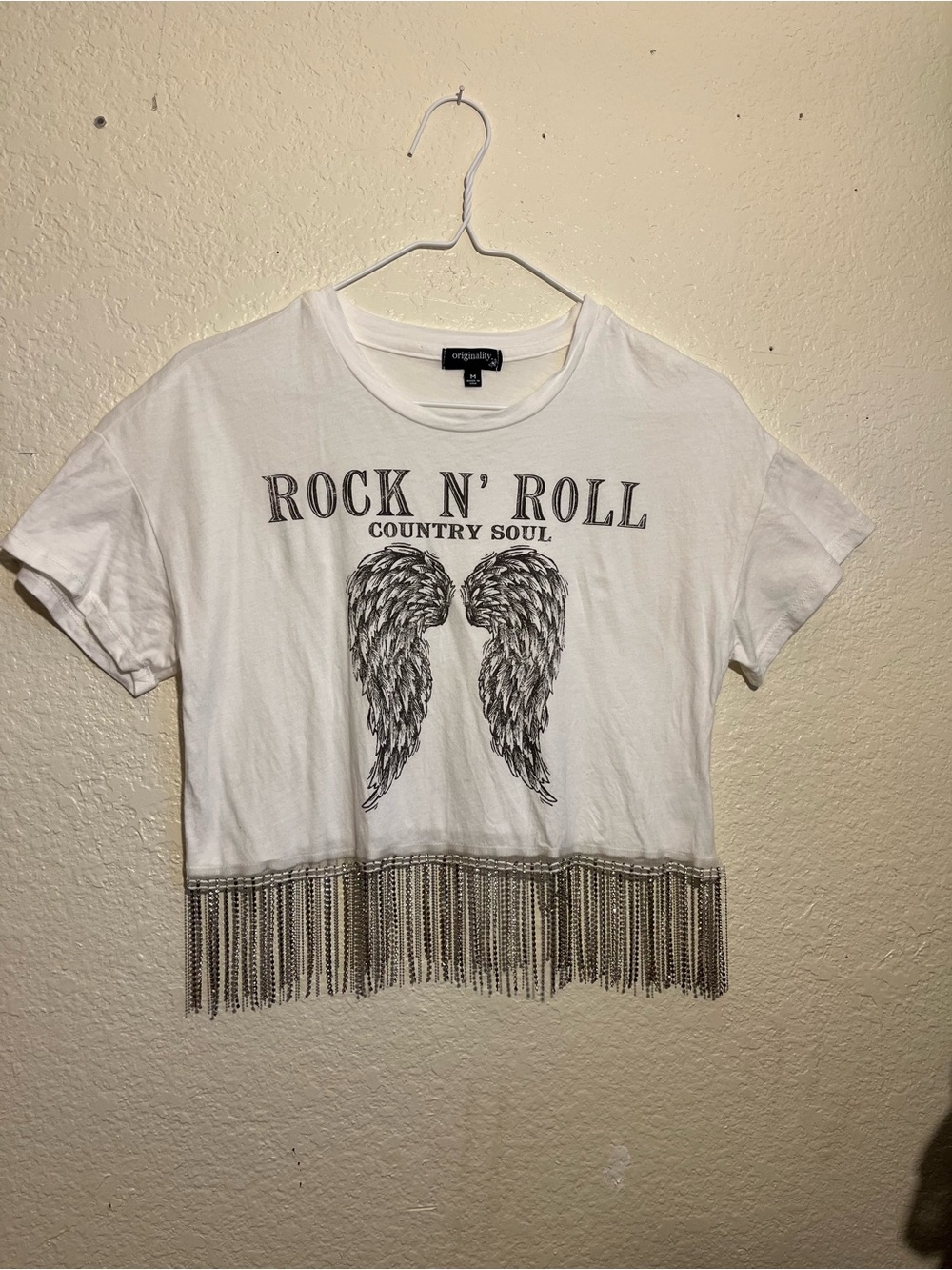 Originality White 'Rock N' Roll' Fringe Crop Tee